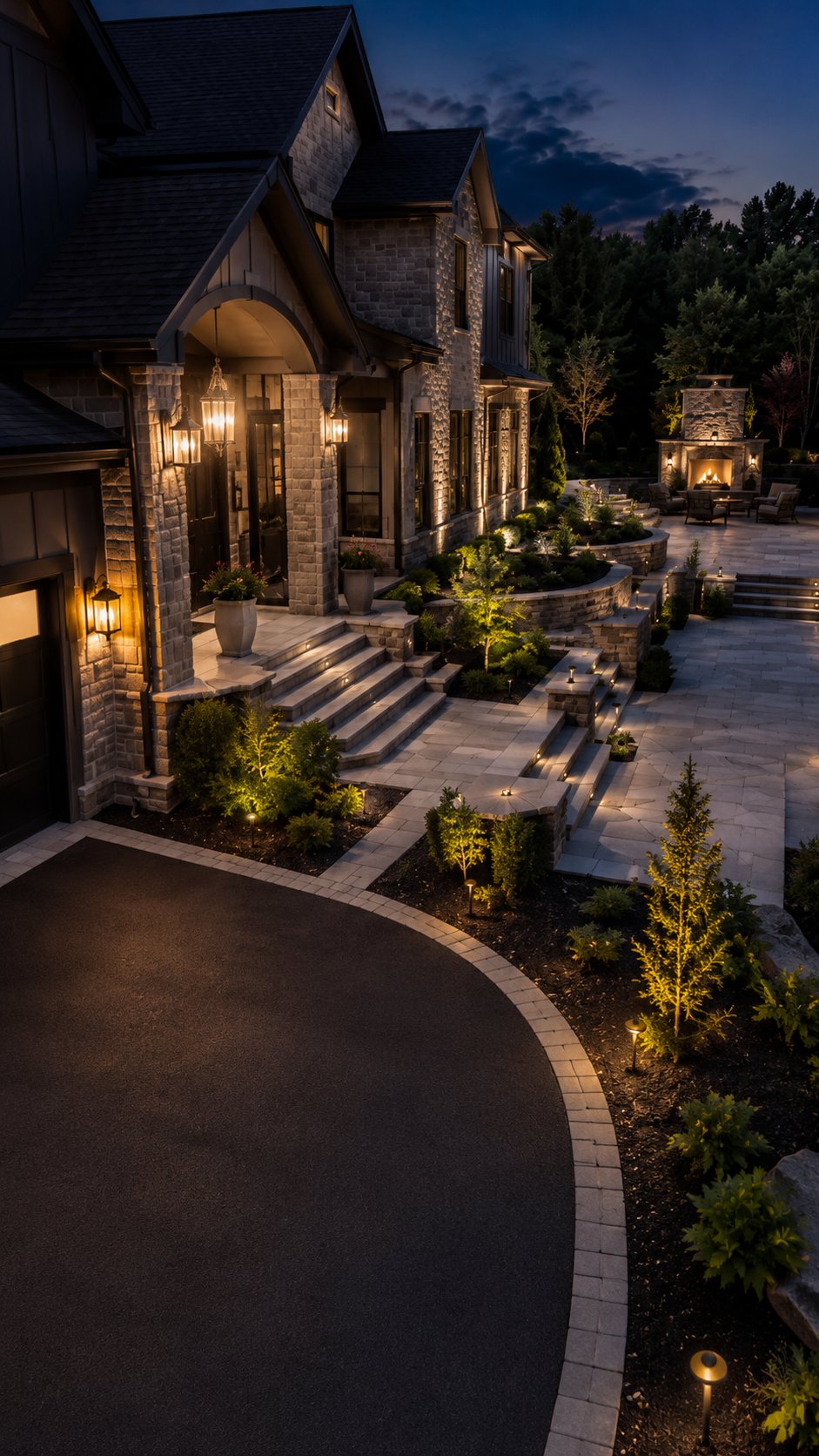 Lit stone entrance at night