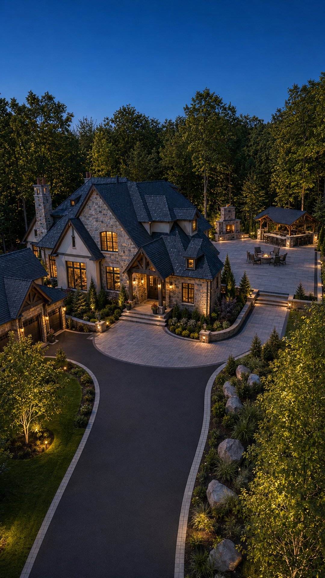 Stone estate driveway at night, seen from above