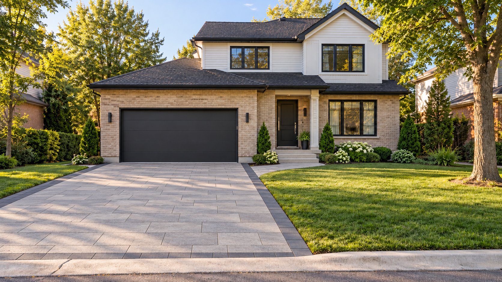 Modern stone driveway in daylight