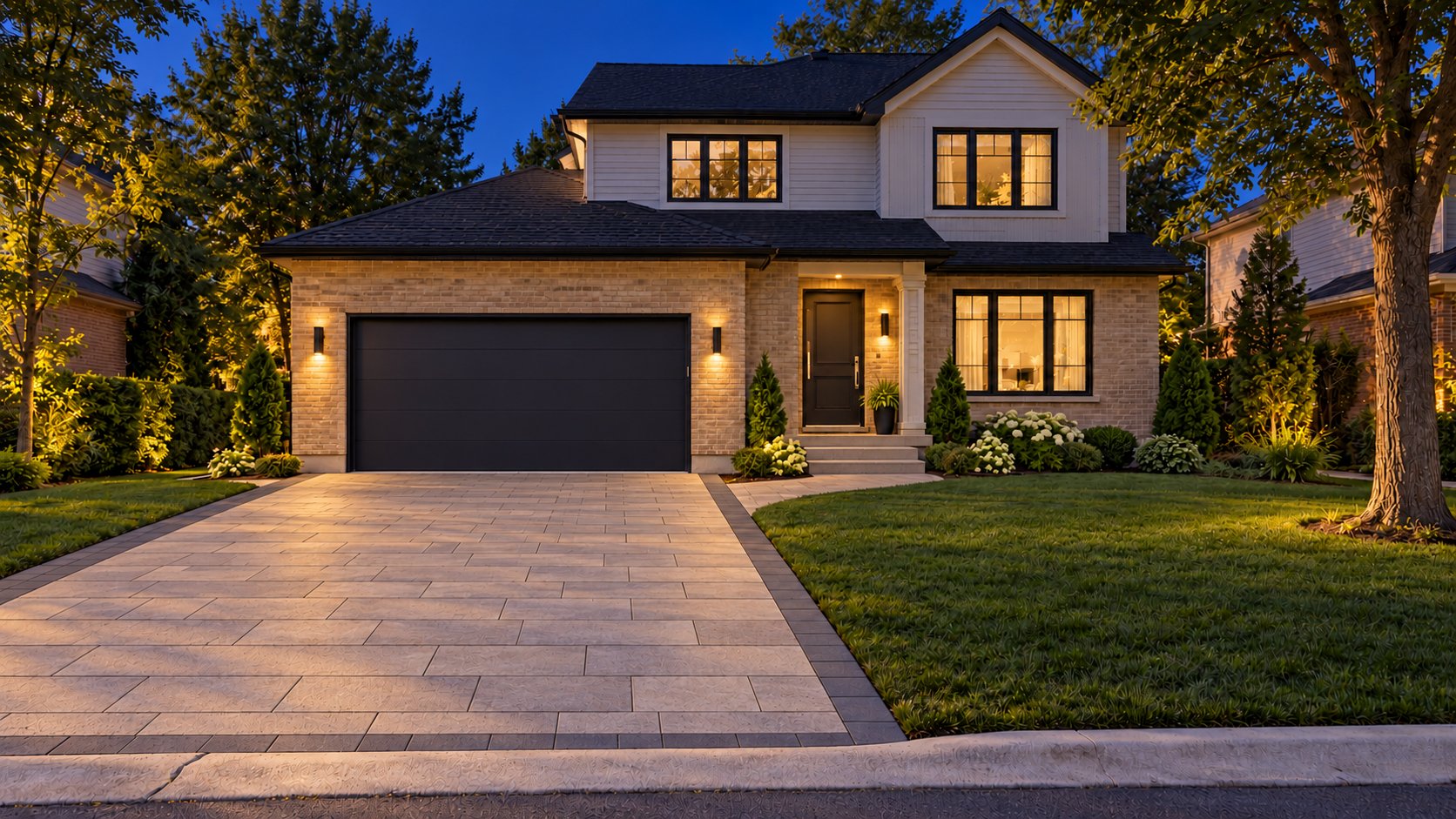 Modern stone driveway at night